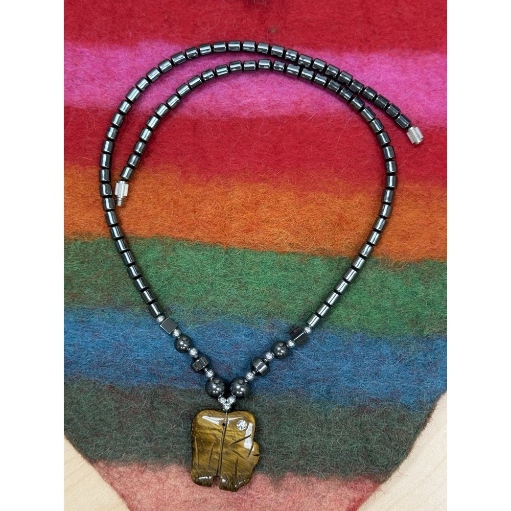 Carved Tiger's Eye Elephant Pendant Hematite Beaded Necklace 18in Boho Gemstone